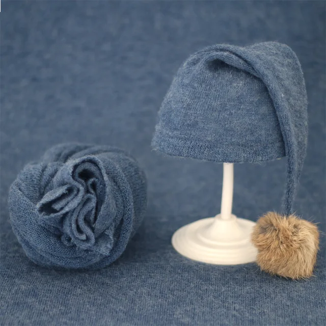 2pcs Wrap Hat Sets Newbornn Photography Props Boys Girls Photography Swaddle Blanket Infant Baby Picture Shoot Props Accessories Blue