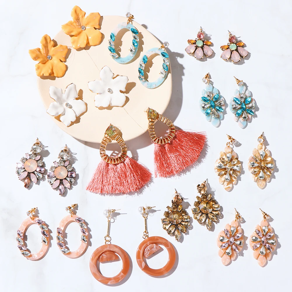 

1Pair Orange Pink Resin Tassel Dangle Earrings Korean Simple Crystal Rhinestone Flower Earrings Boho Print Geometric Earrings