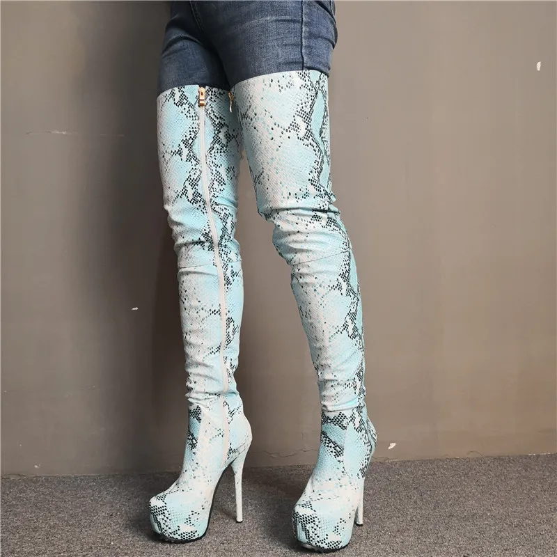 

New Fashion Platform Blue Snake Skin Women Botas Mujer Invierno 2022 Pointed Toe Over-The-Knee High Boots Ladies Sexy Party Shoe