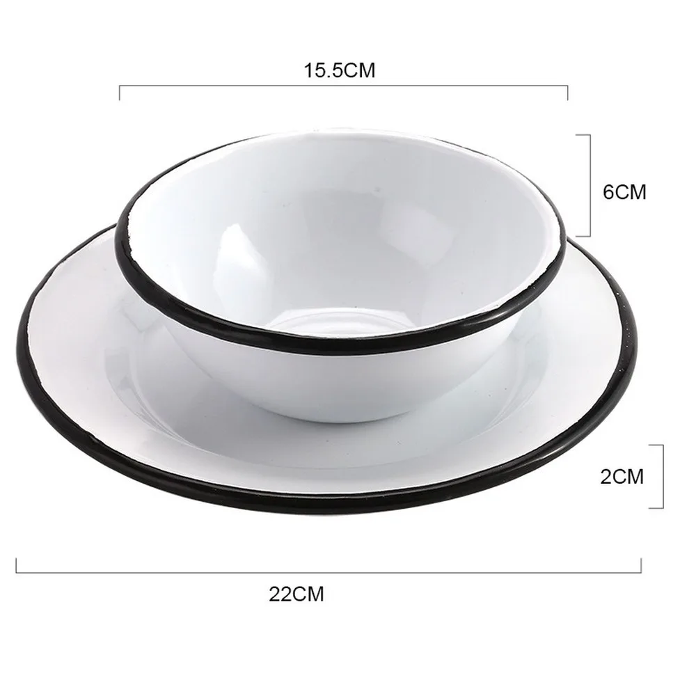 

15-26cm Thick Enamel Bowl Household Disc Breakfast Tableware Dinner Plate European Enamel Tableware Set White Crimping