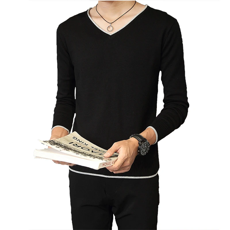Мужские повседневные свитера, хлопковые пуловеры высокого качества с длинными рукавами, однотонный пуловер с v-образным вырезом, мужской свитер, Осень-зима, вязаный мужской свитер
