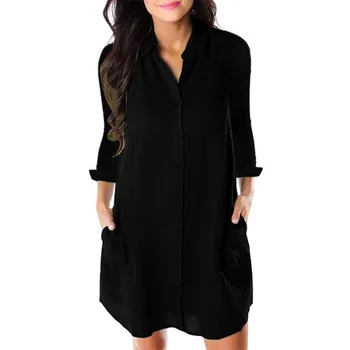 

Autumn 2019 Women Shirt Dresses Casual Loose Long Sleeve Vintage Women Dress Vestidos Solid Color Pocket linen Shirt Dresses