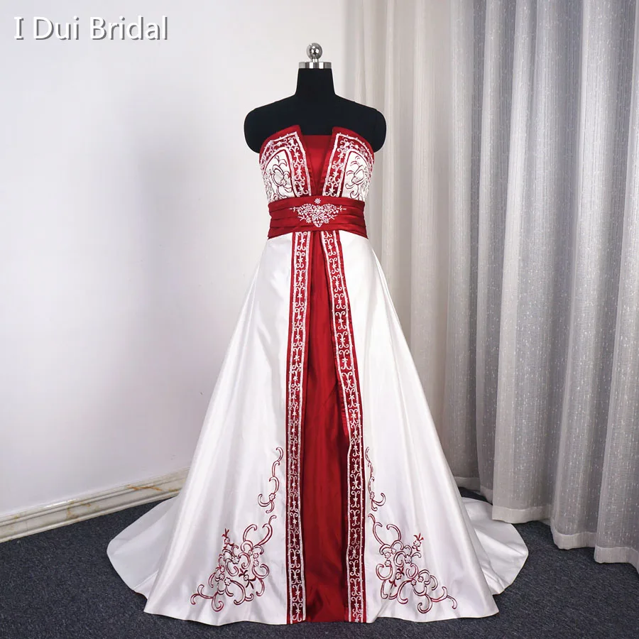 white burgundy wedding dress