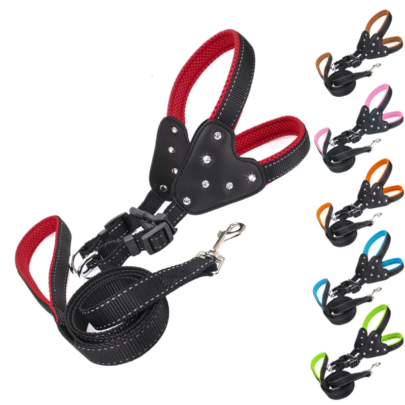 

Solid Nylon Small Dog Harness And Leash Set Breakaway Safety Quick Release Big Dog Harness Vest High Quality Rhinestone Material