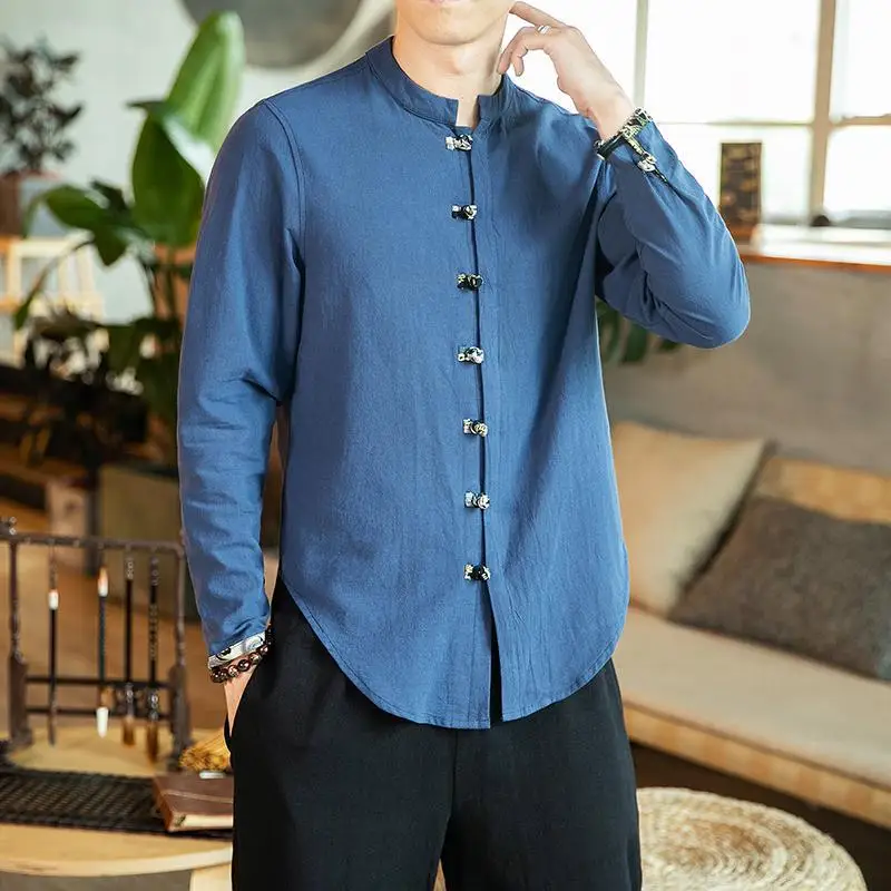 M-5XL Plus Size Vintage Mens Office Shirts Long Sleeve Chinese Collar Single Breasted Linen For Men Autumn Streetwear | Мужская одежда