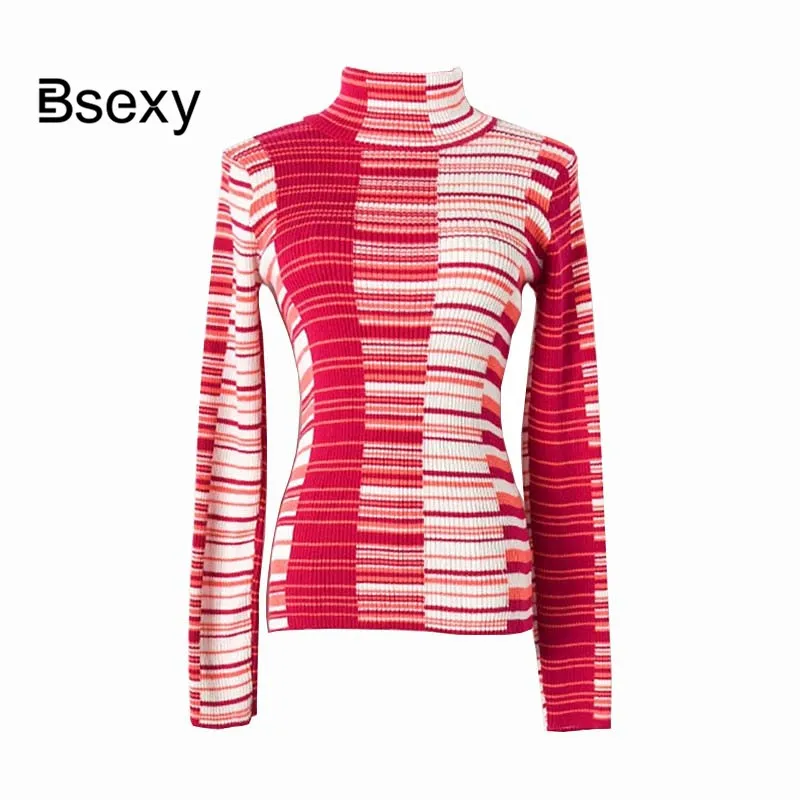 

Runway Designer Women Wool Sweater 2019 WInter turtleneck Long Sleeve Striped Slim Bodycon Sweater Winter Jumper Knitted Tops