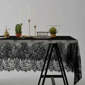 

Black Lace Tablecloth Romantic Soft Tassel Lace Table Cover Wedding Party Supply Rectangle Table cloth