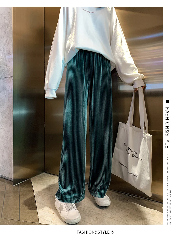 [EAM] зеленые длинные плиссированные широкие брюки с высокой эластичной талией, новые свободные брюки, женские модные весенне-осенние брюки, 1D362