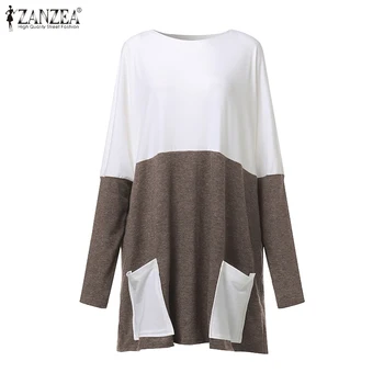 

2020 Fashion Lady Work Office Shirt ZANZEA Plus Size Women Tops Blusas Casual Long Sleeve Blouses Patchwork Loose Pockets Tunic