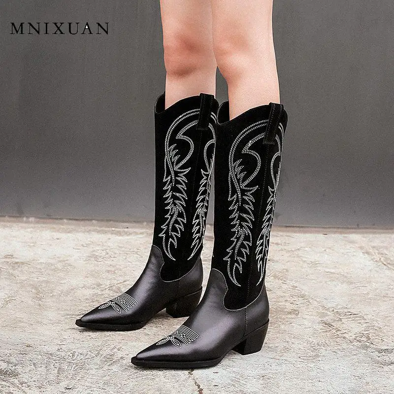 MNIXUAN Designer Brand Luxury Women Shoes Western Boots winter new genuine leather pointed toe black punk high heel boots