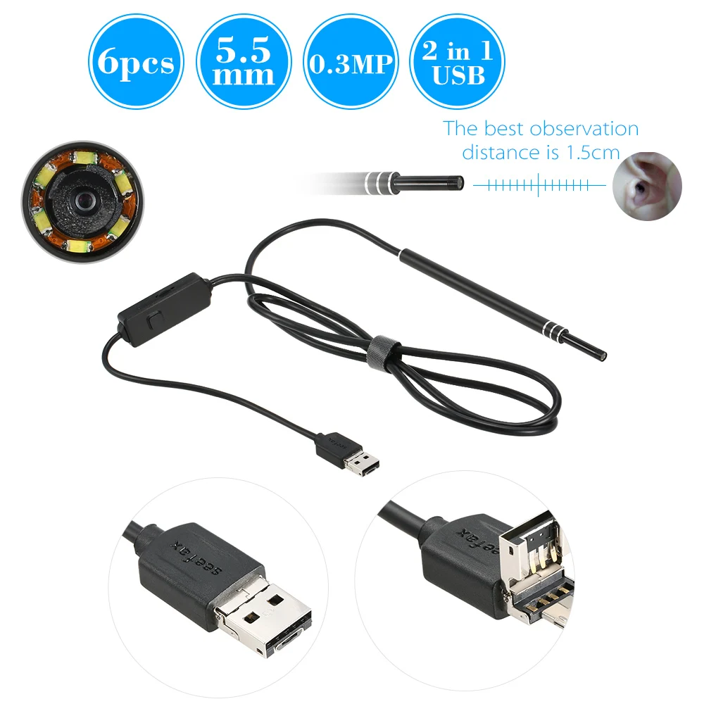 

6 LED 5.5MM Lens Endoscope Inspection USB Wire Snake Tube Camera for Ear Nose Throat Health Care Work with Android and Window PC
