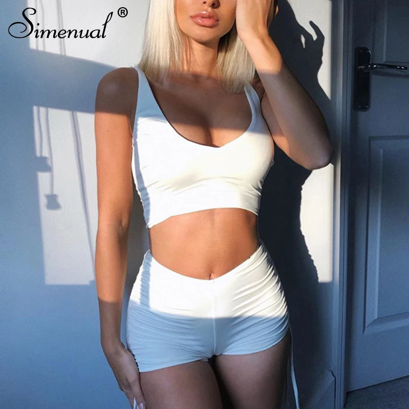

Simenual Drawstring Athleisure Casual Matching Sets Women Strap V Neck Active Wear Two Piece Outfits Solid Top And Shorts Set