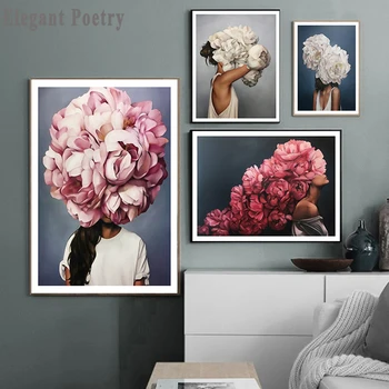 

Feather Flower Woman Head Canvas Poster Nordic Abstract Wall Art Print Painting Modern Decorative Picture Living Room Decoration