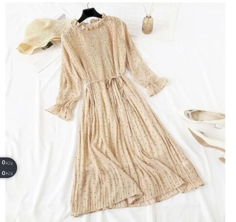 Женское платье весна лето винтажное Плиссированное шифоновое платье в горошек с длинным рукавом свободного размера плюс платья Vestidos - Color: Beige