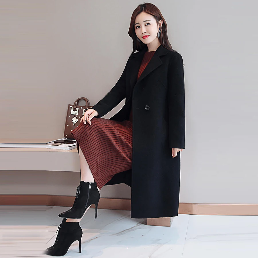 Однотонное зимнее кашемировое пальто размера плюс, женское Свободное длинное шерстяное пальто из смешанной ткани для офиса, корейское шерстяное пальто, женские куртки