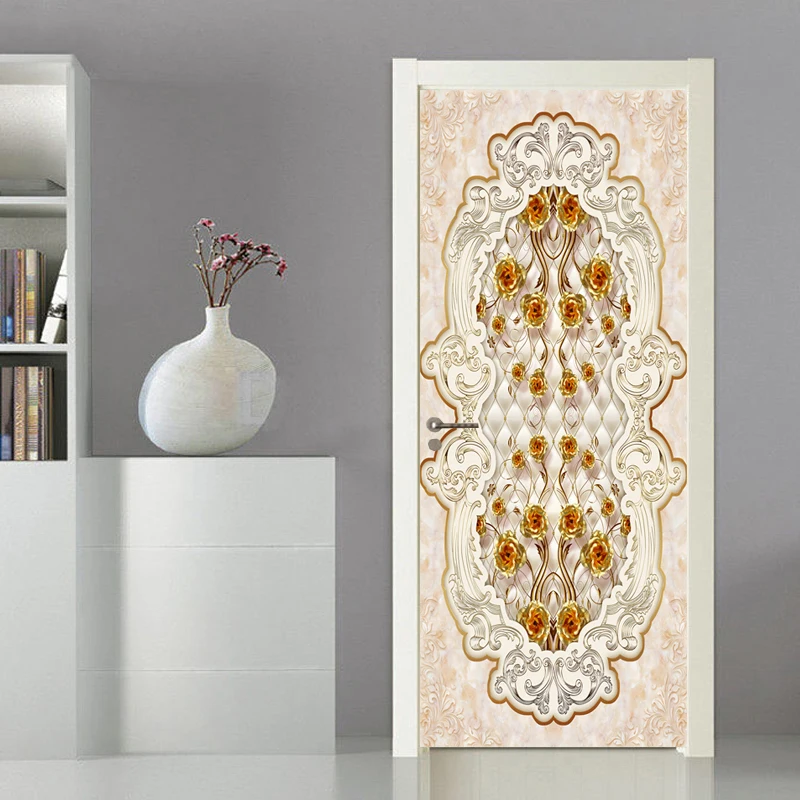 

European Style Marble Soft Pack Flowers 3D Door Sticker for Bedroom Waterproof PVC Self-adhesive Wall Mural DIY Home Decoration