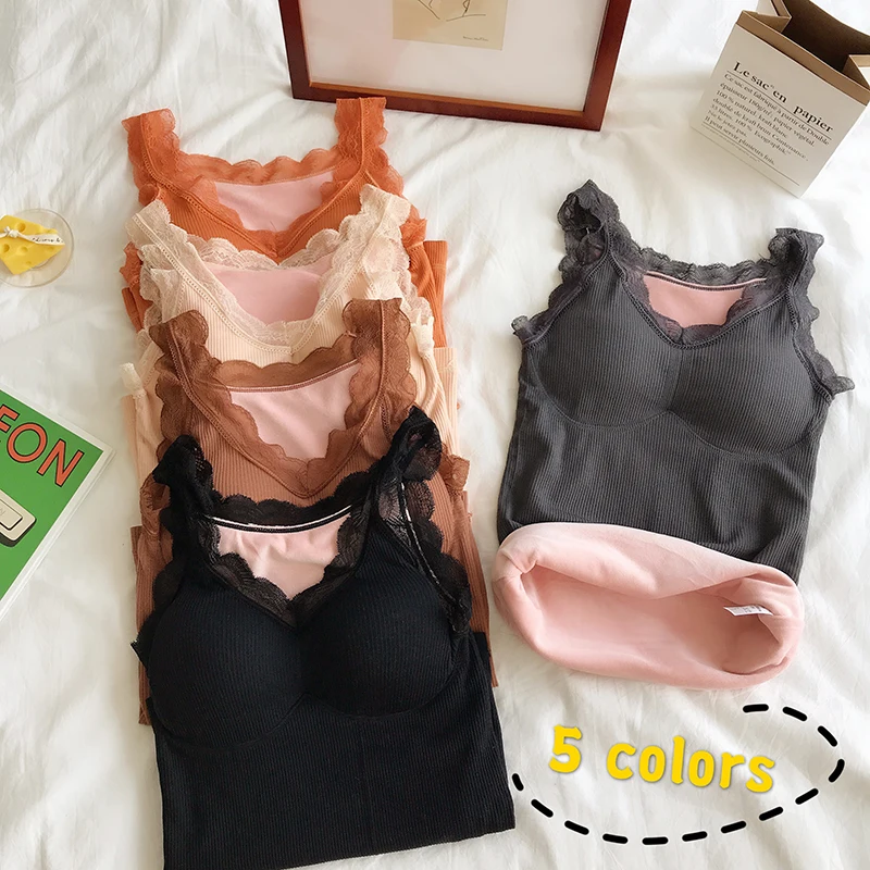 Plus Velvet Sleeveless Top Women Casual Female T-shirt Solid Color Tank Top Women V-neck Lace Top Female Winter Womens Clothing