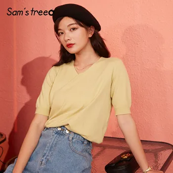 

SAM'S TREE Multicolor Solid Minimalist Skinny Women T Shirts 2020 Spring Pure V Neck Half Sleeve Korean Female Daily Basic Tops