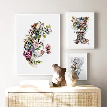 

Abstract Woman Elk Fox Flower Leaf Nordic Posters And Prints Wall Art Canvas Painting Wall Pictures For Living Room Home Decor