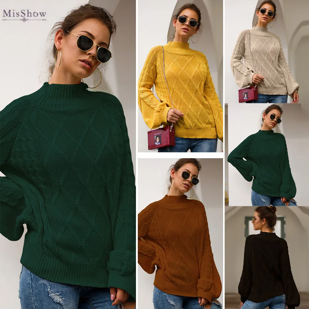 Женский Однотонный свитер-водолазка с рукавами-фонариками | Женская одежда