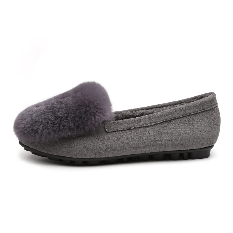 Winter Shoes Woman Flats Rabbit Fluffy Fur Faux Suede Leather Warm Loafers Soft Sole Roll Egg Peas Ballet Flat Mother Shoes