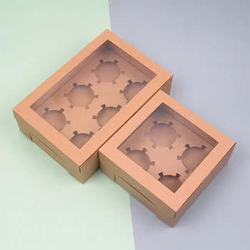 

NEW-20 Pieces Open Window Cup Cake Box 6 Kraft Paper Pastry Puffin Box Baking Pastry Box