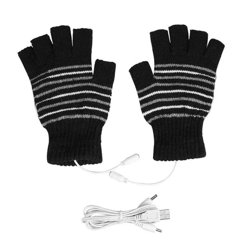 

USB Heating Women Men Gloves Fingerless Without Fingers Winter Gloves Casual Hand Warmer stripe Knitted Crochet Mitten #T2G