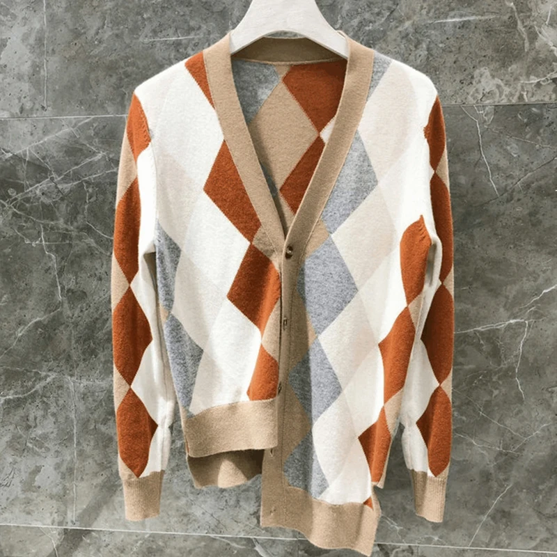 Cardigan Feminino Rushed Microfiber Standard Autumn New Cashmere Sweater Women Contrast Plaid Irregular Wool Knit Cardigan - Цвет: Коричневый
