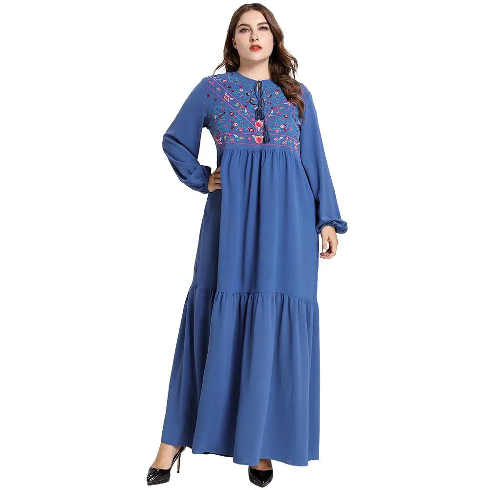 

Muslim Islamic Arabian Dress Embroidery Big Sizes Lace Up Tassel Blue Elegant Robe Party Night A Line Swing Plus Size Dresses