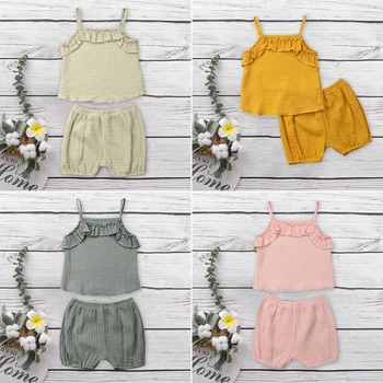 

Baby Girls Clothing Sets Summer Baby Girls Sleeveless Sling Vest Tops +Shorts 2PCS Children Cotton Linen Clothes Suits New