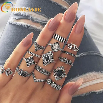 

New personality 15 piece set ring Bohemian vintage style ring Ancient Anemone Female New Ring Fashion ring for Women