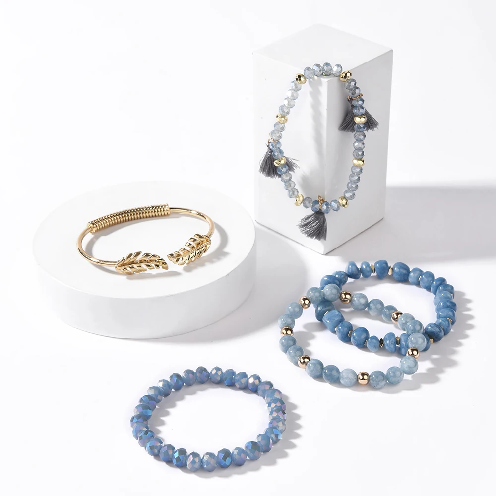 NEW Fashion Multilayer Women Bracelets & Bangles Golden Leaf Open Cuff Natural Stone Crystal Bracelet Set Lady Jewelry BCSET320