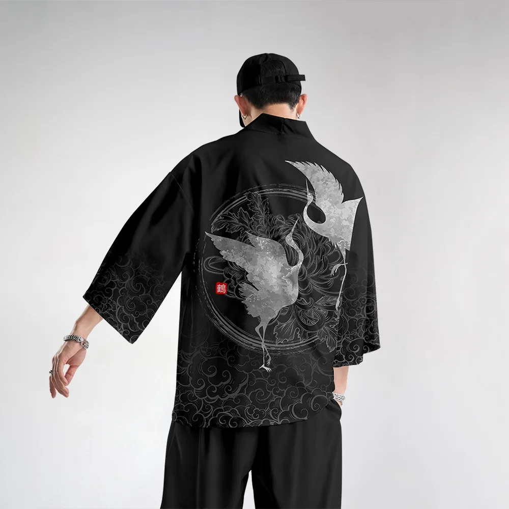 Oversize 6XL Men Kimono Cardigan Trousers Suit Japanese Print Crane Yukata Robe Set Novelty Jacket Chinese Style Tang Suit Men Kimono Set