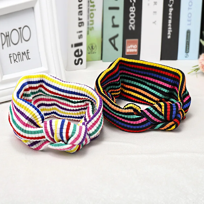 

temperament Headbands for women Rainbow striped Knitted fabric knot elastic for hair accessories for girls 2020