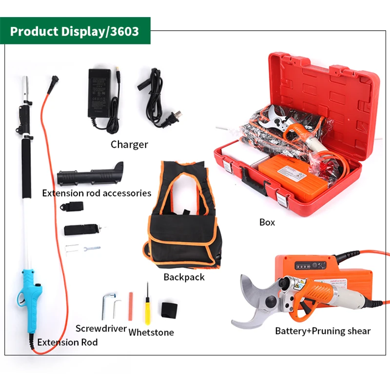 FUJIWARA Electric Pruning Shears 36V Lithium Branches Scissors 0-45mm High Branch Hedge Trimmer Extension rod 1.2-1.8m 4