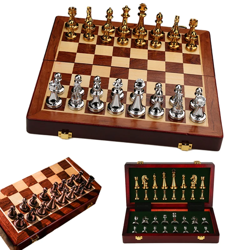 Chess Games Sets Metal Glossy Pieces Set 30*30cm High-end Luxury Professional Wooden Board Children Adult Gift Ornaments | Спорт и