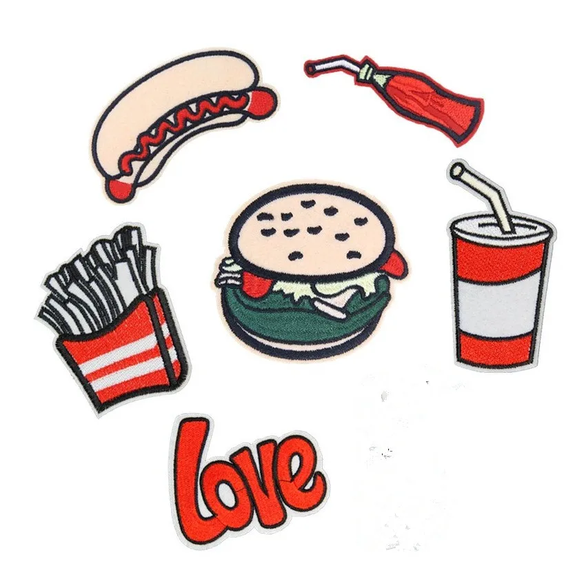 

New Hamburger French fries Patches Stickers Embroidered Appliques Fabric Badges Motif for DIY Clothing Apparel Sew Accessories