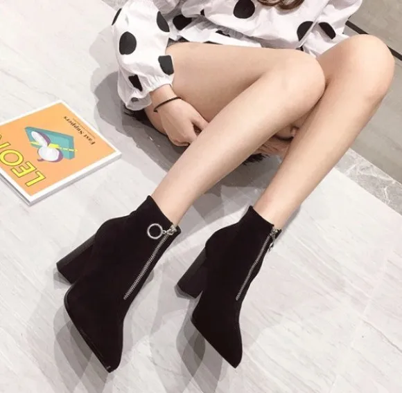 

Pointy Boot Women's Rubber Boots Winter Shoes Woman 2019 Zipper Chunky Heel Luxury Designer Leather Booties Low Heels booties