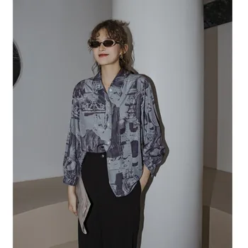

LANMREM 2020 Spring Summer New Arrivals Turn-down Collar Puff Sleeve Print Pattern Women Fashion Vintage Shirt AW56814S