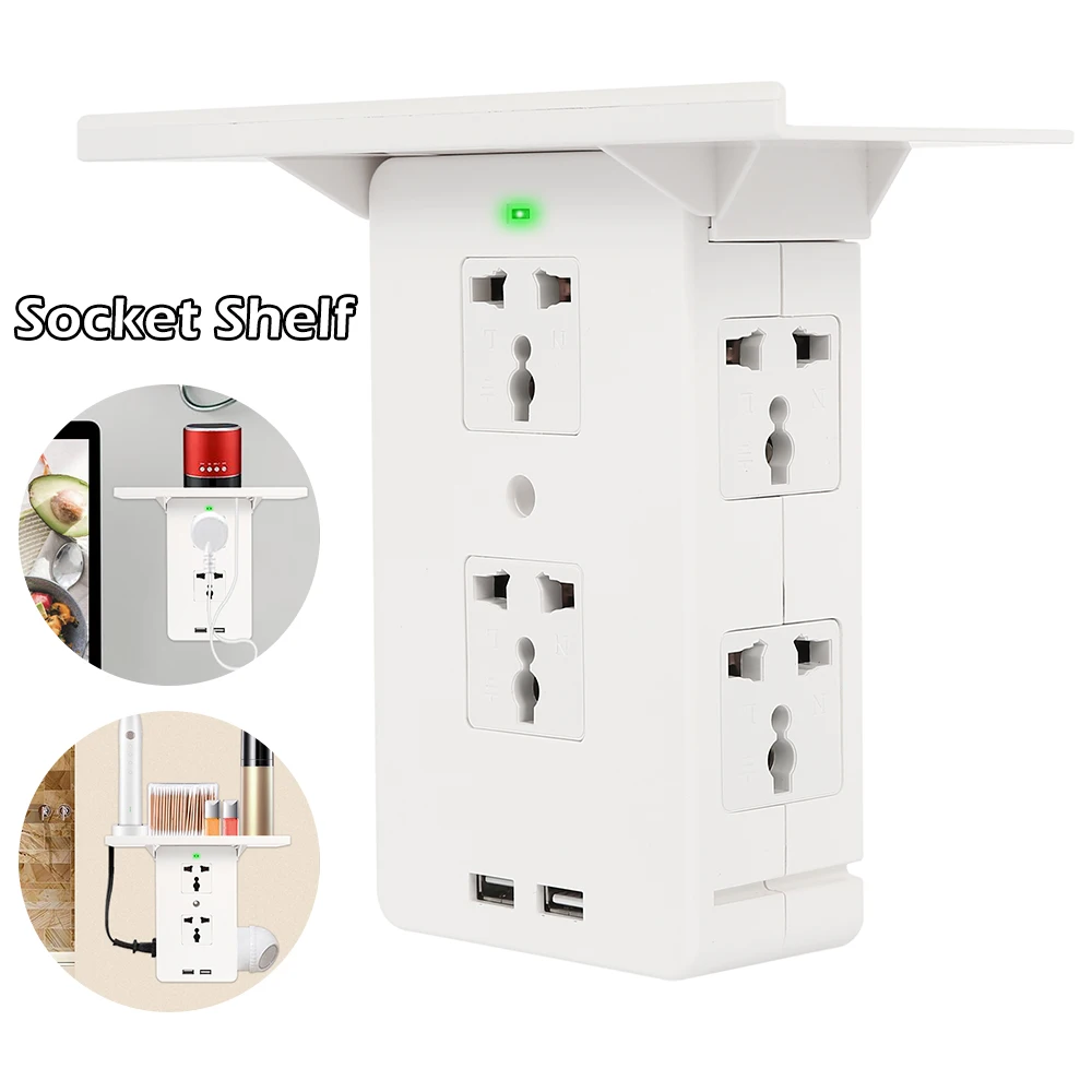 

Wall Mounted Phone Charging Holder Socket New Outlet Shelf 8-Port Surge Protector 6 Wall Outlet Extender 2 USB Port