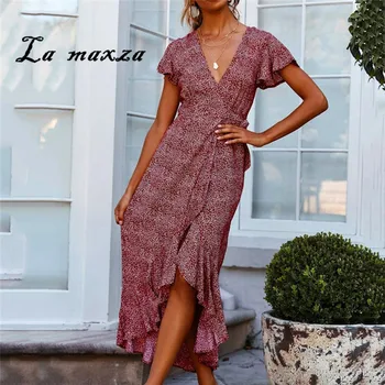 

Fashion Casual Vacation Style Women Maxi Dress 2020 Print Sashes Ruffles Irregular Dress