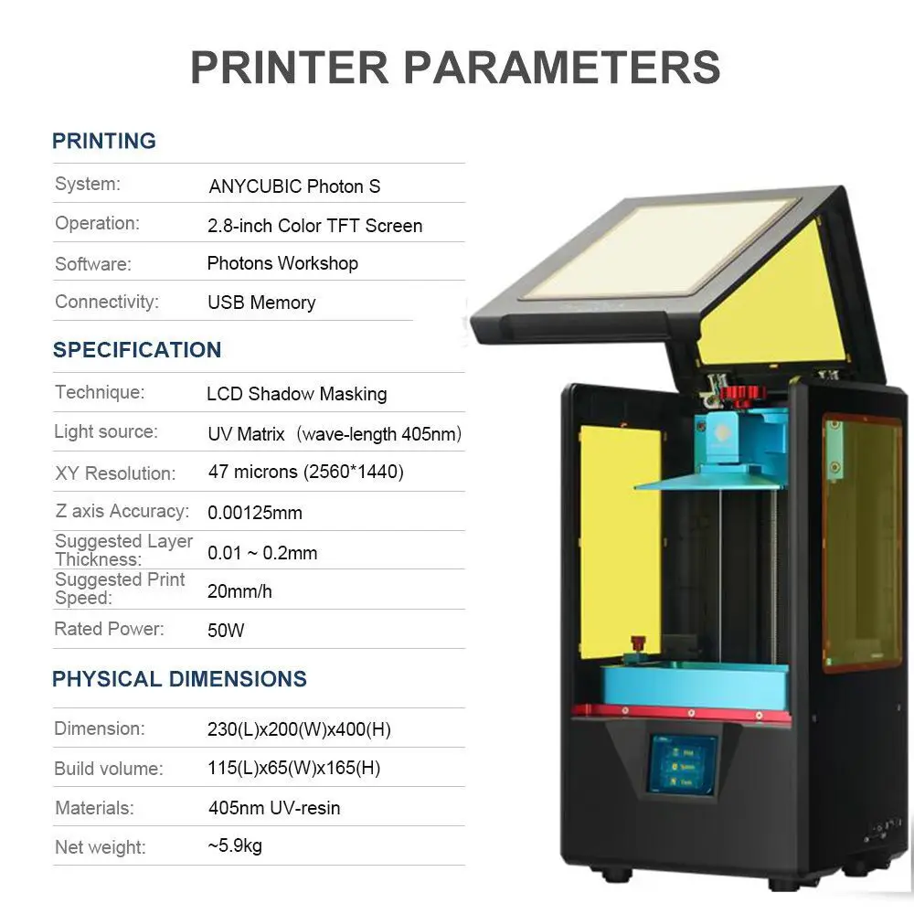 ANYCUBIC Photon-S 3d принтер обновленный черный с 500 мл/2 шт Fep lcd SLA PhotonS модуль матрица двойной Z axis принтер комплект 3d Drucker
