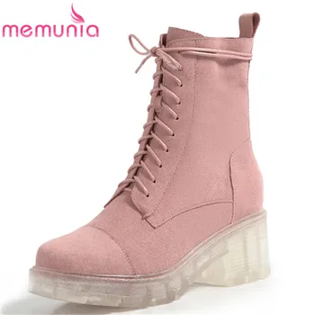 

MEMUNIA 2020 hot sale suede leather ankle boots for women lace up Transparent crystal heel platform boots ladies fashion shoes