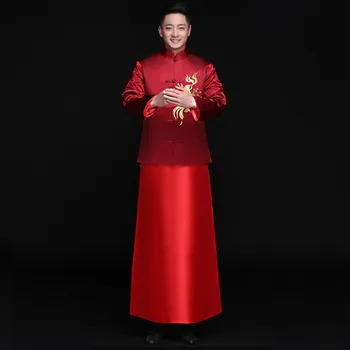 

Red Mandarin Collar Bridegroom Wedding Suit Men Marriage Costume Toast Clothing Handmade Embroidery HanFu Suit Vestidso