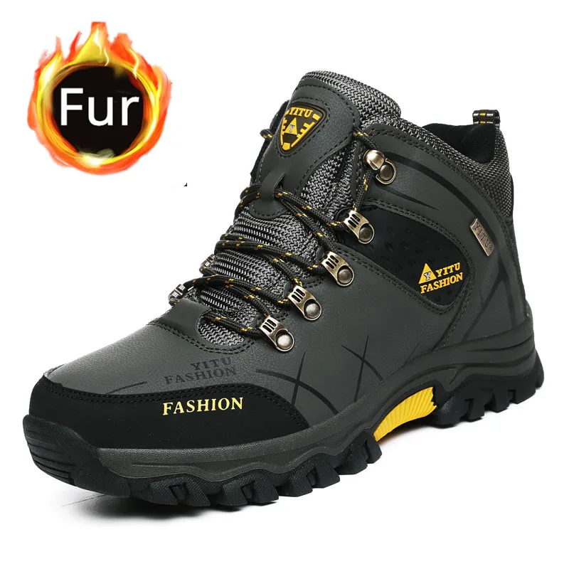 Брендовые мужские зимние ботинки; теплые супер мужские высококачественные водонепроницаемые кожаные кроссовки; мужские ботинки для походпоходов; Рабочая обувь; размеры 39-47 - Цвет: ArmyGreen Fur