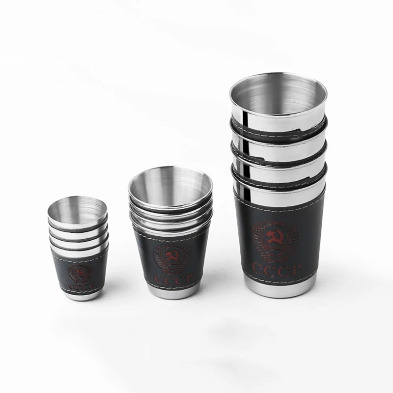 4Pcs CCCP Stainless Steel Wine Glasses Shot Cup Drinking Portable Mug Leather Cover Bag Case Outdoor Hip Flask Bar Sets