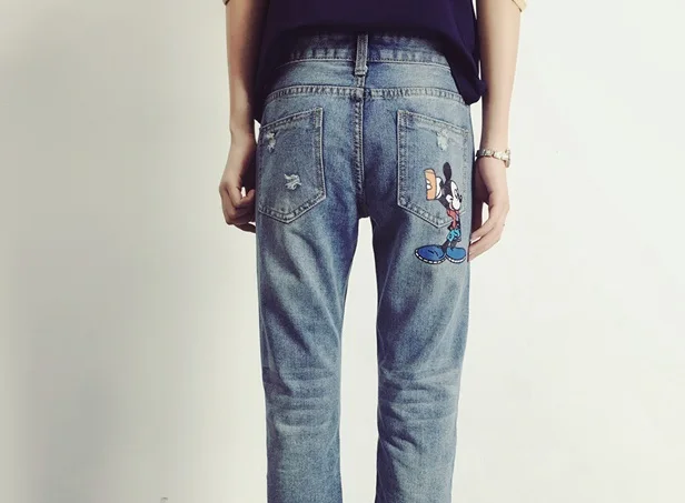 Женские джинсы в Корейском стиле; сезон весна-лето; Новинка; свободные джинсы с рисунком; большие размеры; женские джинсовые брюки до щиколотки