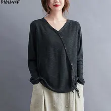 Special Price DIMANAF 2020 Plus Size Women T-Shirt Casual Knitting V-Neck Pullover Buttons Spliced Cotton Autumn Tee Shirt New Big Size Tops Special Price DIMANAF 2020 Plus Size Women T-Shirt Casual Knitting V-Neck Pullover Buttons Spliced Cotton Autumn Tee Shirt New Big Size Tops