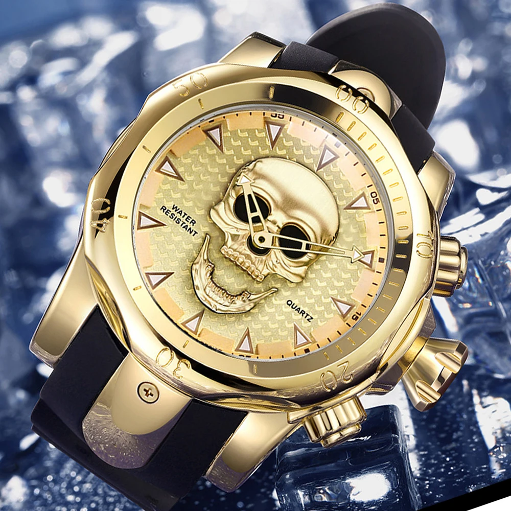 

VAVA VOOM New Fashion Personality Men Skull Quartz Watch Business Sports Silicone Strap Gold Waterproof Wrist Watch Dropshipping