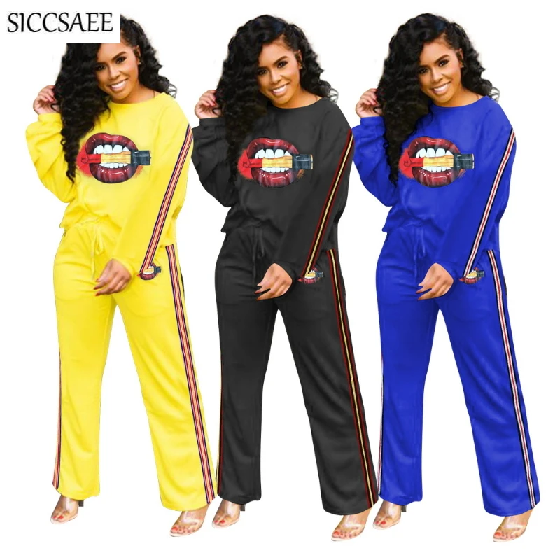 

Striped Ribbons Side Two Piece Set Cartoon Lips Rubber Printed Tracksuit For Women Pullover Loose Sweat Suit Casual Activewear
